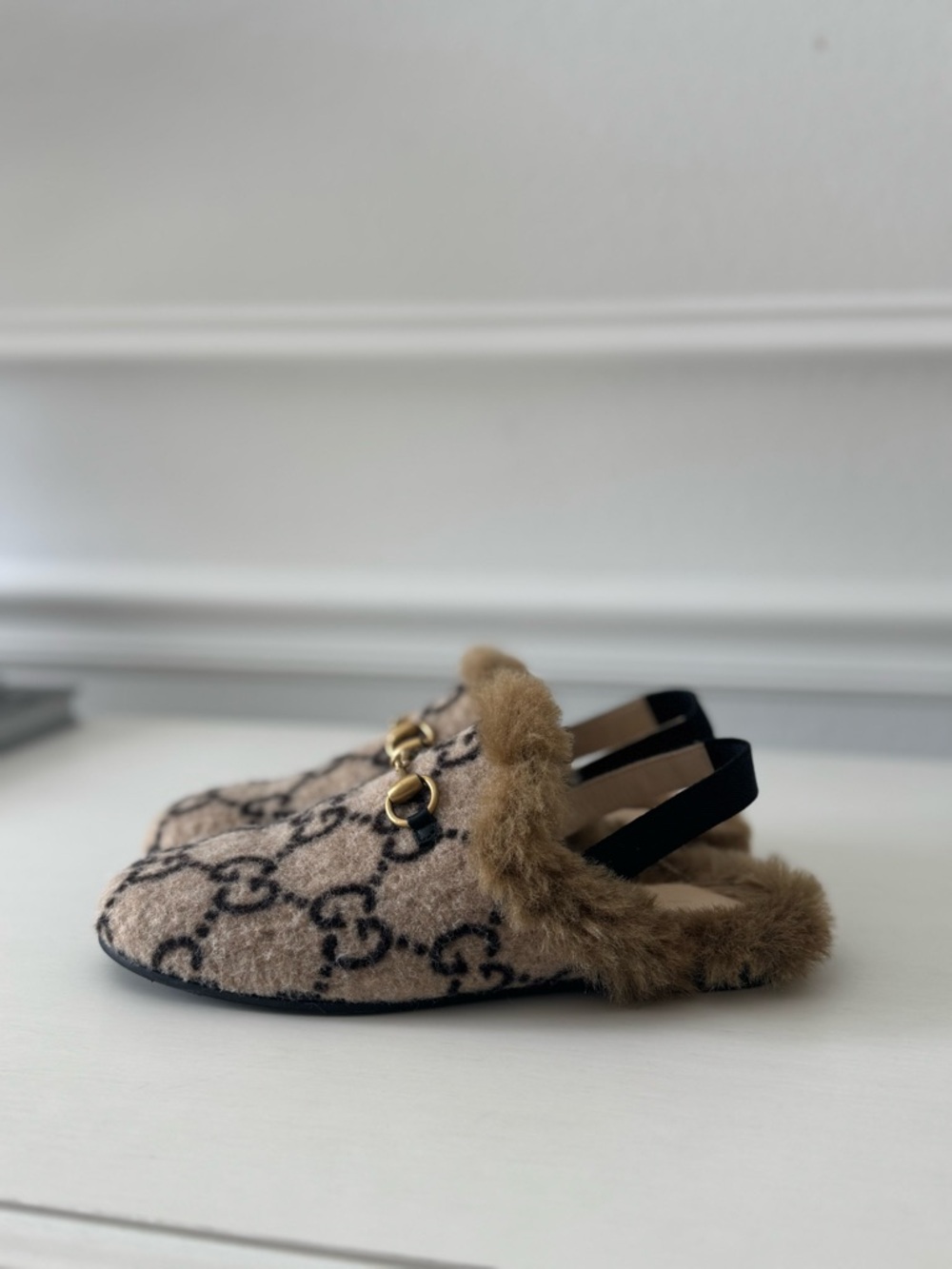 Gucci Beige & Brown GG Fur-Trim Slingback Mules